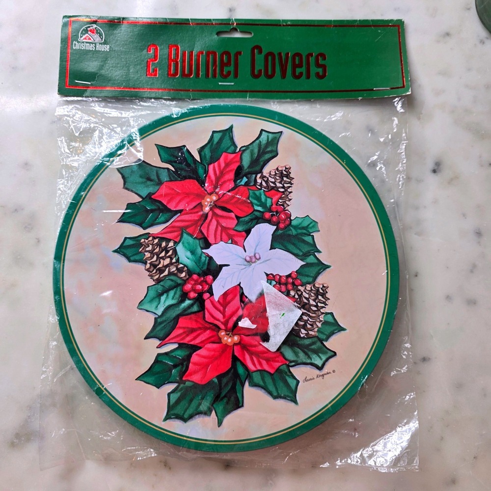 Christmas House 2 Burner Covers Poinsettia Pinecone Floral Round Tin Set New
